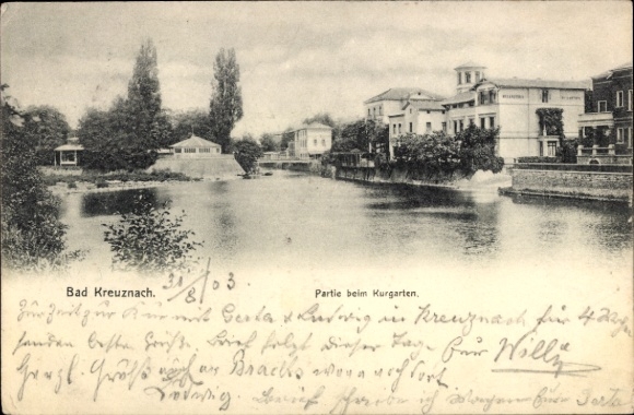 Ak Bad Kreuznach an der Nahe,  Partie beim Kurgarten, Fluss, Bäume, nmotiv