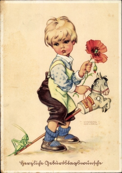 Artist PC Lungershausen, Ilse Wende, boy with hobby horse, grasshopper, poppy