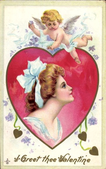 Embossed PC Congratulations Valentine's Day, Love Angel, Woman portrait