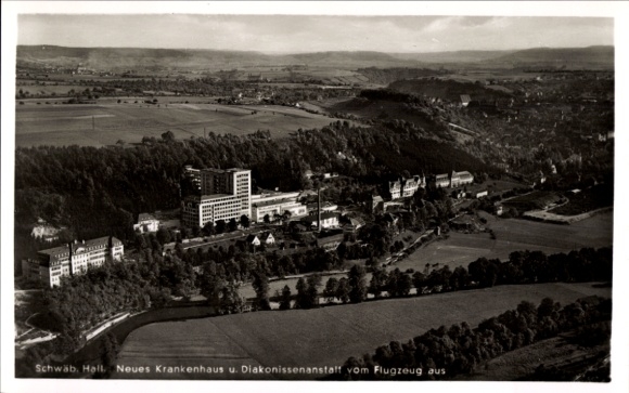 Postcard Schwäbisch Hall in Baden Württemberg, New Hospital, Deaconess Institution, aerial photograph