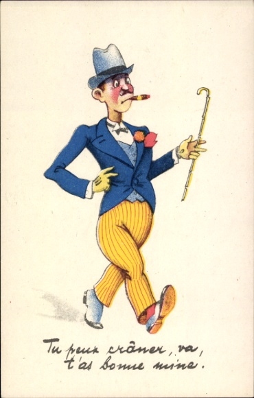 Postcard Smoking Man, Walking Stick, Hat, Cigar