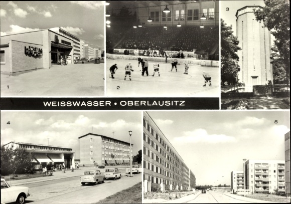 Postcard Weißwasser Oberlausitz, residential complex IV, HO Minute store, water tower, ice rink Wilhelm Pieck