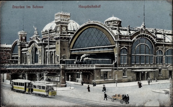 Postcard Dresden, main station, street view, tram