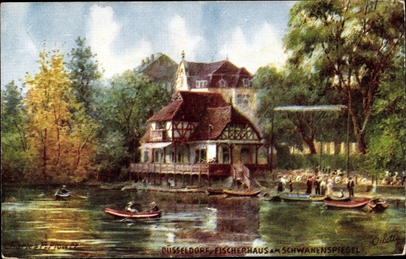 Artist Postcard Flower, Charles, Dusseldorf on the Rhine, fisherman&#39;s house on the swan mirror