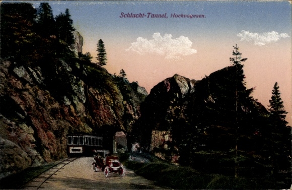 Postcard Col de la Schlucht Vosges, gorge tunnel, railway