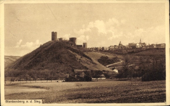 Postcard Blankenberg Hennef an der Sieg, view of castle, hills, houses, clouds, nature