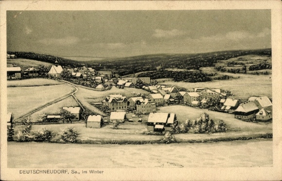 Ak Deutschneudorf in het Ertsgebergte, besneeuwd landschap, wintergezicht, gebouwen, bergen