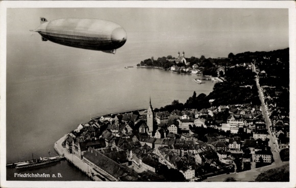 Postcard Friedrichshafen on Lake Constance, airship Graf Zeppelin, aerial photograph