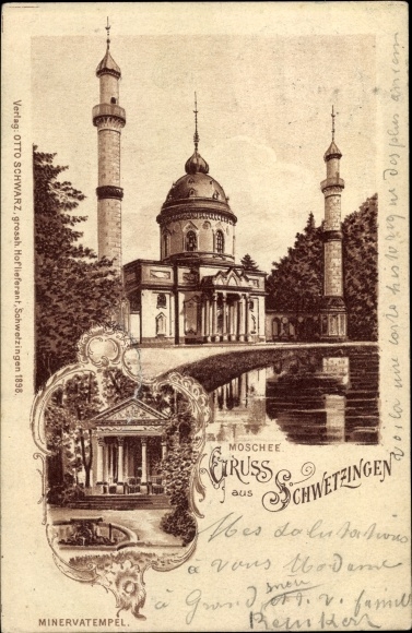 Postcard Schwetzingen in Baden, mosque, Minerva temple