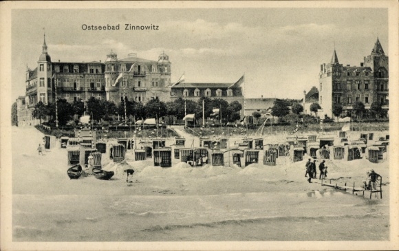 Postcard Ostseebad Zinnowitz on Usedom, beach with beach chairs, hotels, people on the sand