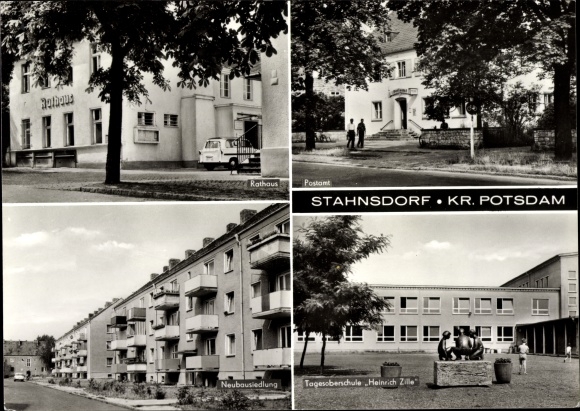 Postcard Stahnsdorf in Brandenburg, town hall, post office, new housing estate, day school Heinrich Zille