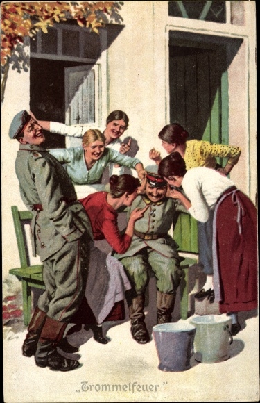 Artist Postcard Always Expert, Military Terms No. 4, Barrage, Soldiers