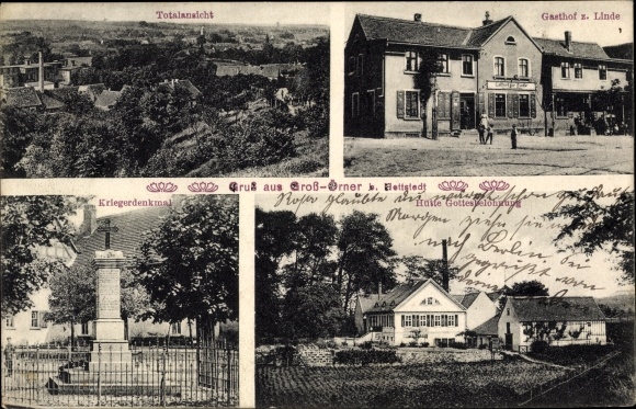 Ak Großörner Mansfeld im Harzvorland, Gasthof zur Linde, Kriegerdenkmal, Hütte Gottesbelohnung