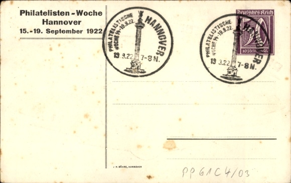 KP z papieru listowego Hanower w Dolnej Saksonii, Tydzień Filatelistyczny 1922, PP 61 C 4/03
