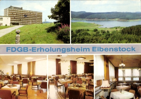 Postcard Eibenstock in the Ore Mountains of Saxony, FDGB recreation home, landscape, dining room, hotel view