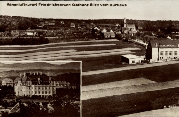 Postcard Friedrichsbrunn Thale in the Harz, mountain health resort view from the spa house, from the German Reich