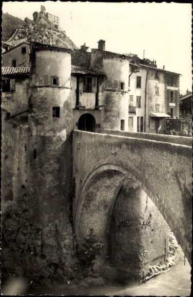 Postcard Entrevaux Alpes de Haute Provence, bridge, old buildings, black and white, French town