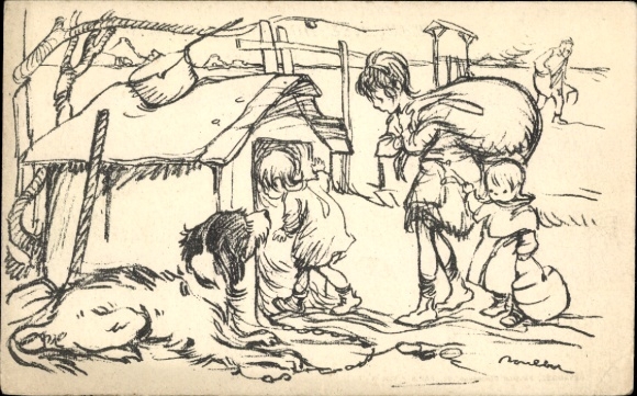 Artist Postcard Poulbot, Francisque, Children move into a doghouse