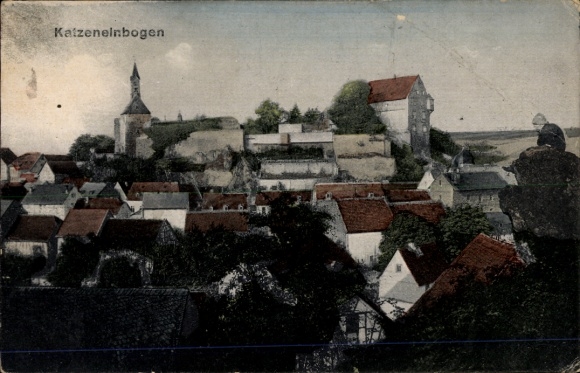 PC Katzenelnbogen in the Taunus, colored depiction of church, castle ruins, view of houses