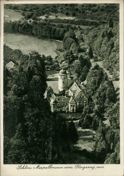 Postcard Mespelbrunn in Spessart Lower Franconia, aerial photography, castle