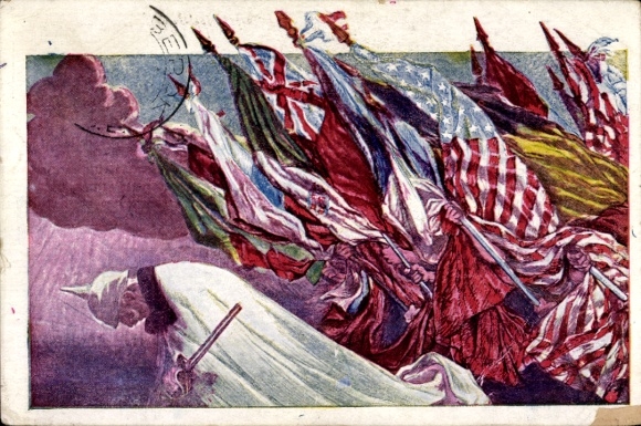 Postcard German Emperor kneeling before International Flags