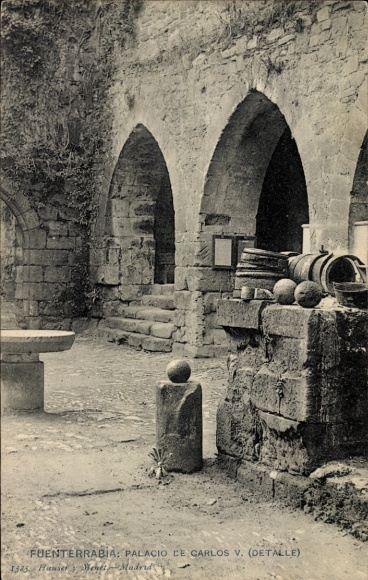 Postcard Hondarribia Fuenterrabia Basque Country, Palacio de Carlos V, detailed view, stones, arches