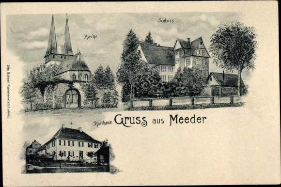 Postcard Meeder Oberfranken, castle, church, parsonage