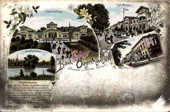 Litho Bad Oeynhausen in Westfalen, Goldfischteich, Thermalbad, Ost-Korso, Gedicht
