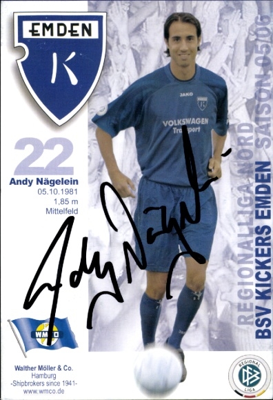 Karta autografu piłkarza Andy'ego Nägeleina, BSV Kickers Emden, autograf