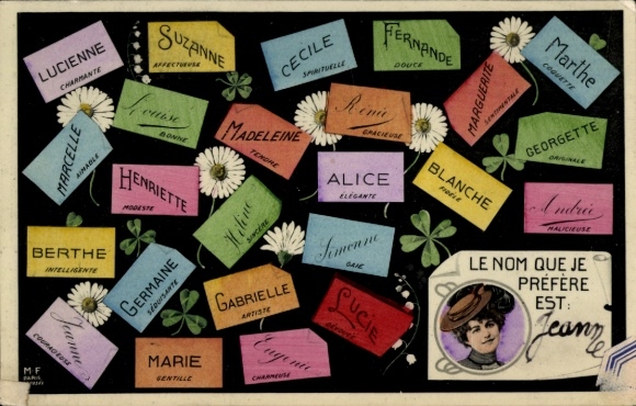 Postcard first names, Cecile, Alice, Marthe, Gabrielle, Marie, Luicienne, Le Nom que je Préfère est: ...