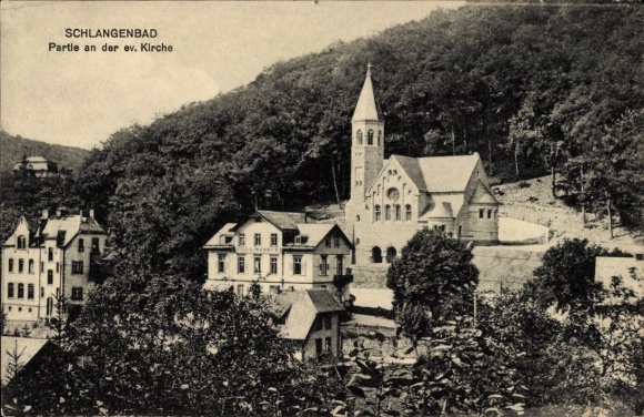 Postcard Schlangenbad in the Taunus Hessen, part of the Protestant church, buildings, trees, mountain landscape