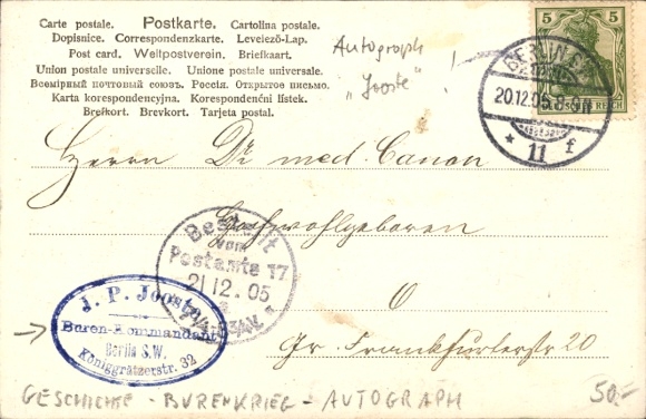Postcard Commander JP Jooste, Boer War, History South Africa, Autograph