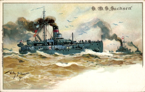 Artysta lito Stöwer, Willy, niemiecki okręt wojenny, SMS Sachsen, duży pancernik