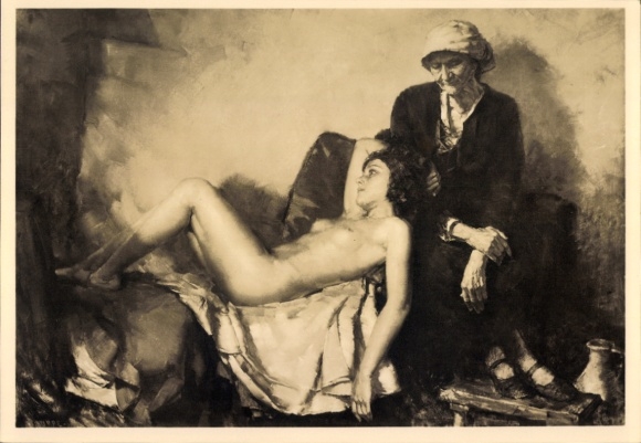 Artist Postcard Truppe, Karl, Being and passing away, female nude, old woman, HDK 71, Photo Hoffmann