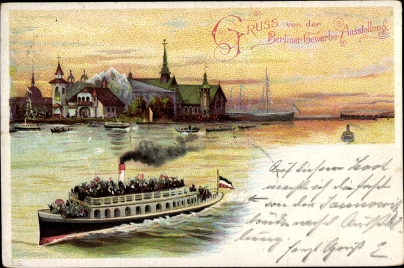 Wystawa handlowa lito Berlin 1896, budynek wystawowy, parowiec