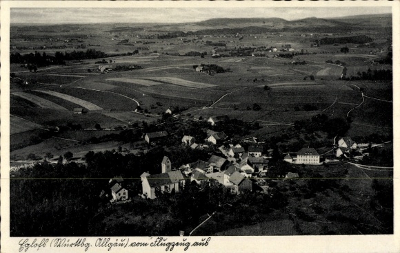 Postcard Eglofs Argenbühl in Allgäu, aerial view of Eglofs, rural landscape, houses, fields