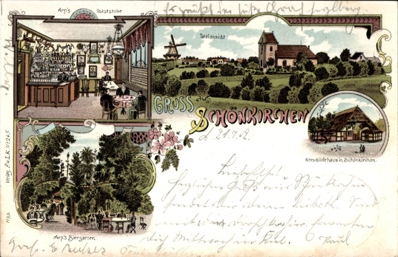 Postcard Schönkirchen in Holstein, Arp's Gaststube, valley view, Arp's beer garden, Aresaildehaus in Schö