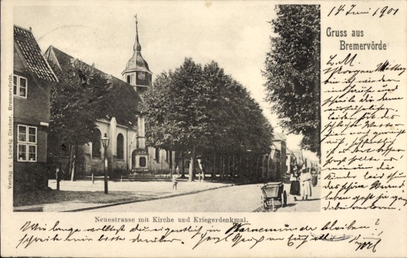 Postcard Bremervörde in Lower Saxony, Neuestraße, church, war memorial