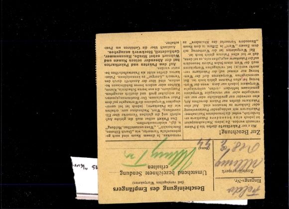 Michel 794 on parcel card, Ostmark Strasbourg Carinthia