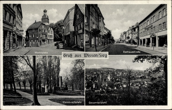 Ak Wissen an der Sieg Westerwald,  Marktplatz, Rathausstraße, Steinbuschplatz, Gesamtansicht