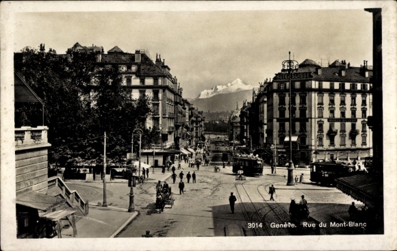 Postcard Geneve Geneva, Rue du Mont Blanc, Hotel Suisse, tram