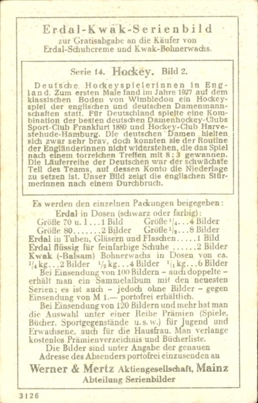 Collector's picture Erdal-Kwak series picture, German hockey players in England 1927