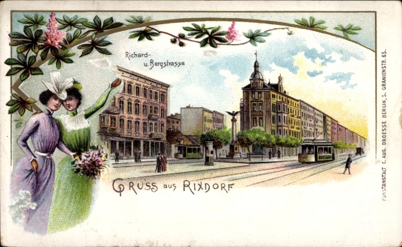 Passepartout Chromo-Litho Berlin Neukölln Rixdorf, Richardstraße, Bergstraße, monument, tram, women