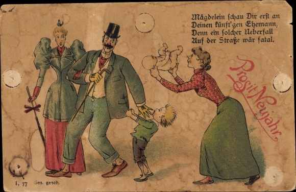 Chromo-Litho congratulations on New Year, woman holds out his children to man