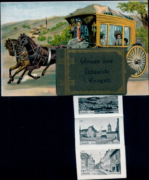 Leporello Postcard Lößnitz Lössnitz in the Ore Mountains, stagecoach, general view, market, street section