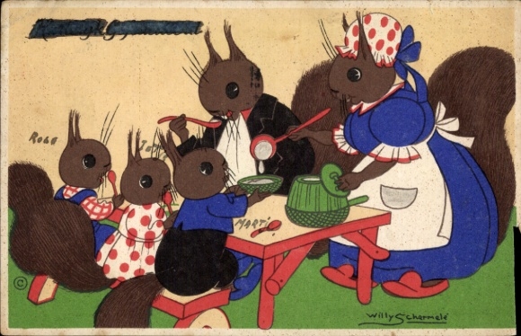 Artist Postcard Schermelé, Willy, Squirrel family at the dining table