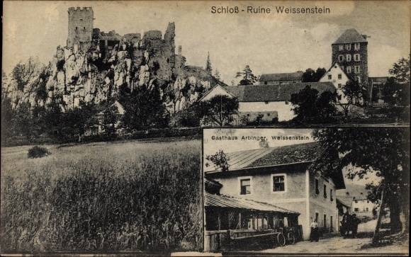 Ak Weißenstein Regen im Bayerischen Wald, Blick zur Schlossruine, Gasthaus Arbinger