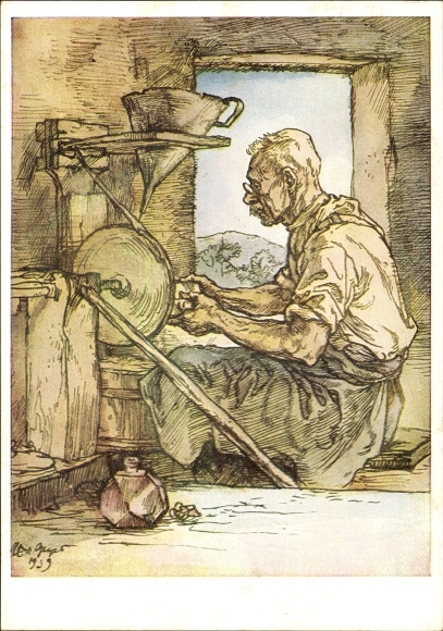 Künstler Ak Geyer, Max, Glasschleifer aus dem Böhmerwald, Schleifstein