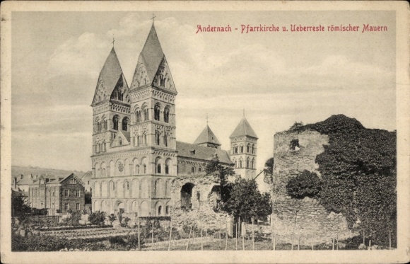 Postcard Andernach am Rhein, parish church, remains of Roman walls