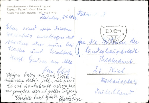 Postcard Vierwaldstättersee, express traffic boat Libelle, Urirotstock